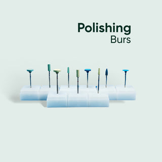 Set of various polishing burs on white holders against light background with 'Polishing Burs' text